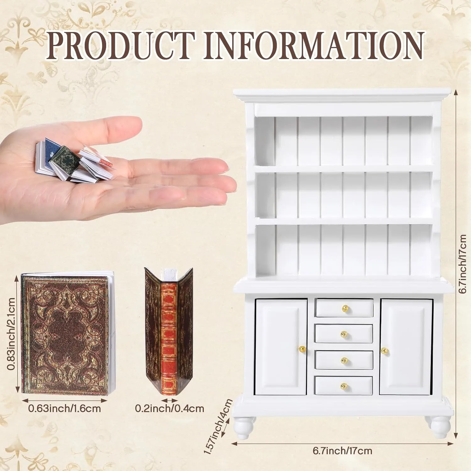 48 Pcs 1:12 Scale Dollhouse Miniatures Books with 1 Miniature Wooden Bookshelf Mini Bookcase Doll House Furniture Accessories for Mini Library Bedroom Decoration(White)