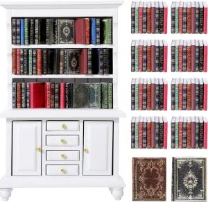48 Pcs 1:12 Scale Dollhouse Miniatures Books with 1 Miniature Wooden Bookshelf Mini Bookcase Doll House Furniture Accessories for Mini Library Bedroom Decoration(White)