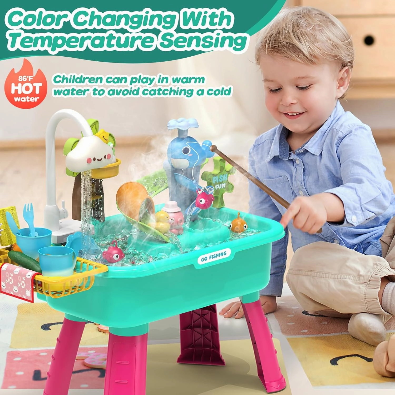 4-in-1 Electric Water Table Toy for Toddlers 1-3,Kitchen Play Sink Toys with Running Water for Kid with Water Pump,Animals, Food, Tableware,Color Changing Pretend Role Birthday Toy for Boy and Girl