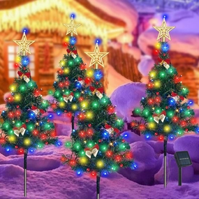 4 Pack Solar Christmas Tree Stake Lights with 80 LED, Red Berries, Gold Star Treetops, and Bows - Waterproof Outdoor Xmas Decorations for Yard, Patio, Garden, Pathway, Grave Decor, 8 Lighting Modes