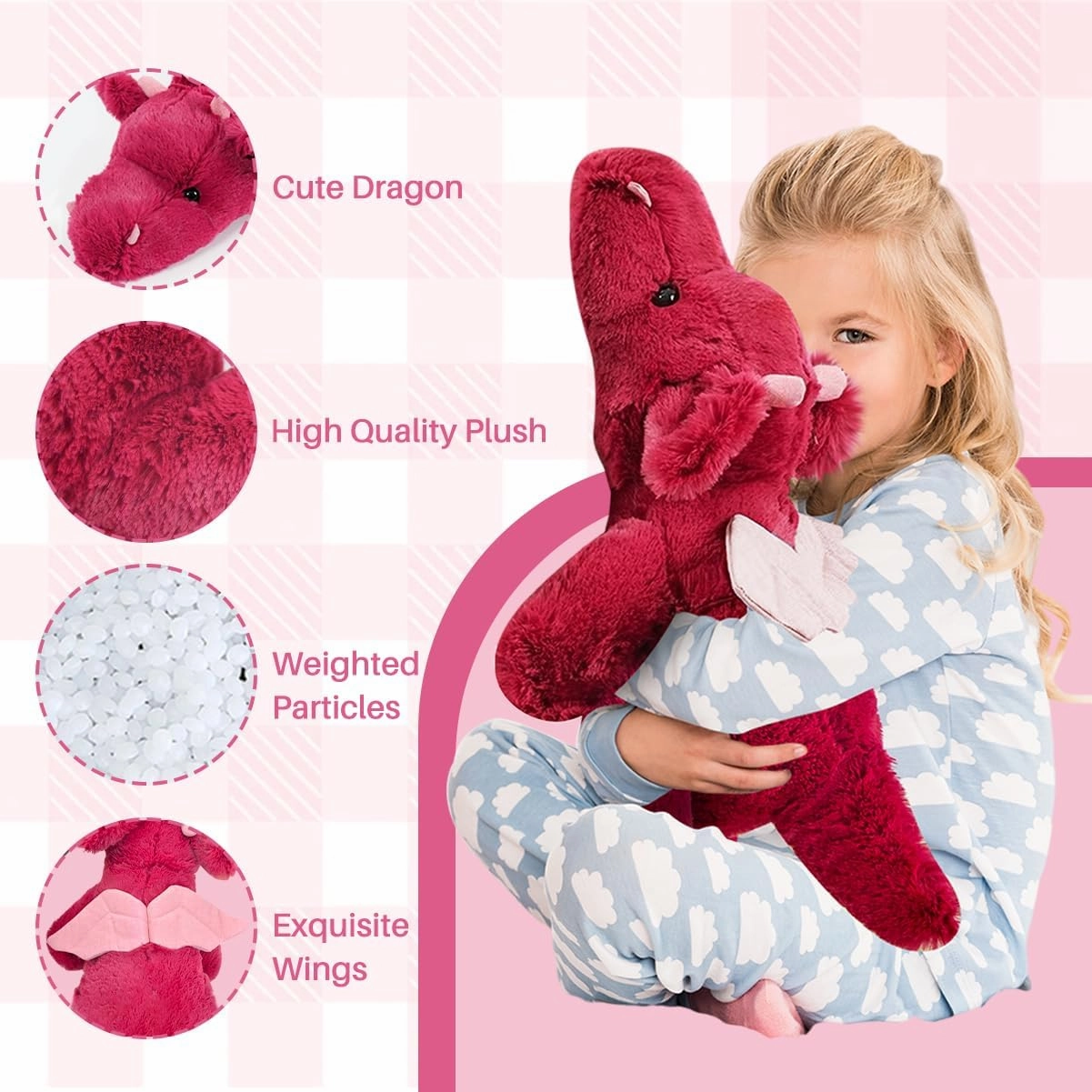 4Pounds Dragon Stuffed Animal 23.6" Weighted Stuffed Animals Soft Giant Red Stuffed Dragon Plush Toy Weighted Dragon Stuffy Plushies Sleeping Body Pillow for Kids Baby Birthday Gifts