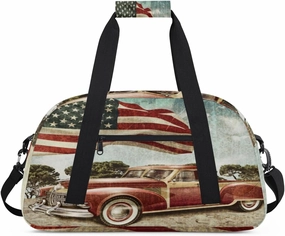 4th Of July American Flag Vintage Car Kids Overnighted Duffel Bag Carry-On Size & Ideal for School Practice or Weekender Travel with Zip and Shoulder Stra for Boys & Girls