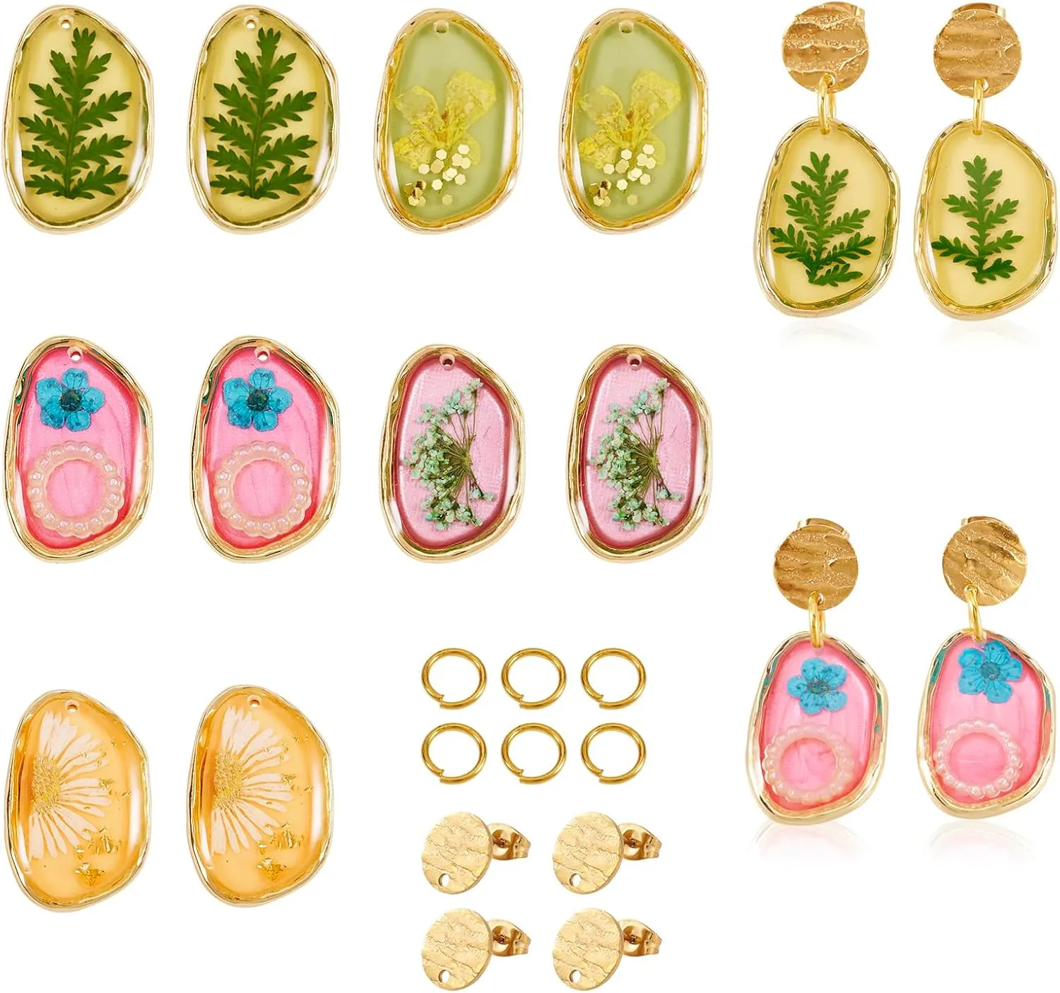 5 Pairs Dried Flower Earring 304 Stainless Steel Resin Dried Flowers Stud Earring Fashion French Style Flower Stud Earring for Women Birthday Party Present