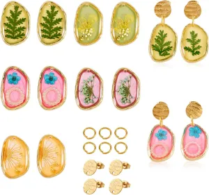 5 Pairs Dried Flower Earring 304 Stainless Steel Resin Dried Flowers Stud Earring Fashion French Style Flower Stud Earring for Women Birthday Party Present