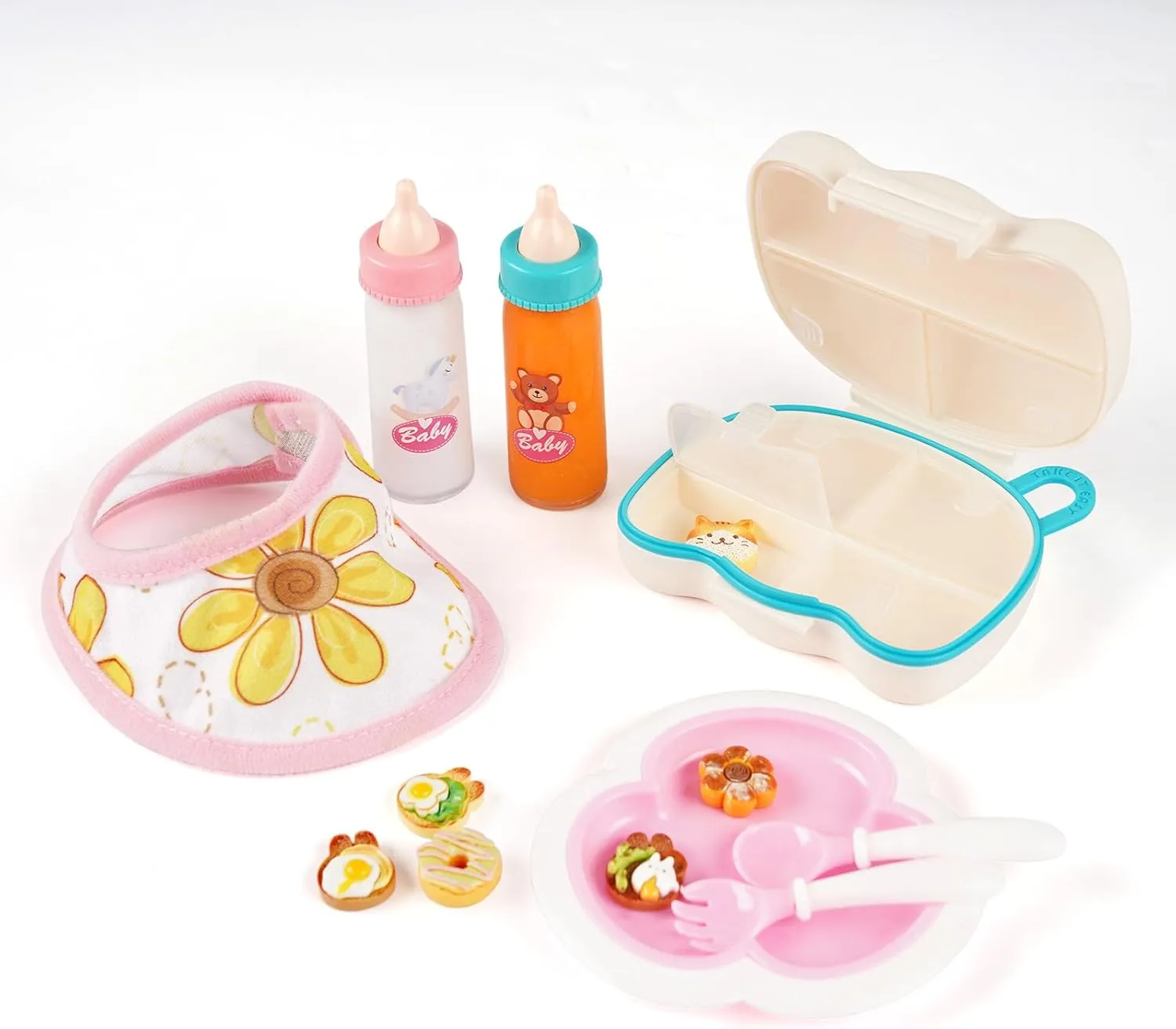 5 PCS Reborn Baby Doll Accessories for 12-16 Inch Babies Doll, Bibs, Mini Food Toy, Dinner Tray, 2pcs Bottles Feeding Accessories Set Lifelike Baby Dolls Girls(Dolls not Included)