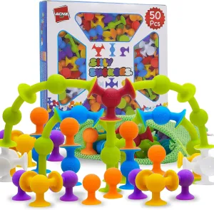 50 Pcs Baby Suction Toys - Fun Baby Bath Toys, Squigz, Bath Toys for Toddlers, Educational Toddler Sensory Toys, Interactive Play of Building Toys, Montessori Toys Stocking Stuffers for Kids