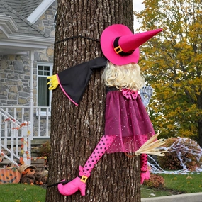 53" Large Crashing Witch into Tree Pink Halloween Decor, Hanging Halloween Decoration Outdoor Witch Hugging Tree for Yard, Front Porch, Door, Fence, Patio, Lawn, Garden, House Prop