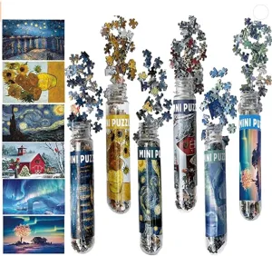 6 Pack Mini Jigsaw Puzzles 150 Pieces for Adults Challenging Starry Night,Rhone River,Sunflower,FantasyTree,ChristmasNight,Northern Lights 6 x 4 Inches
