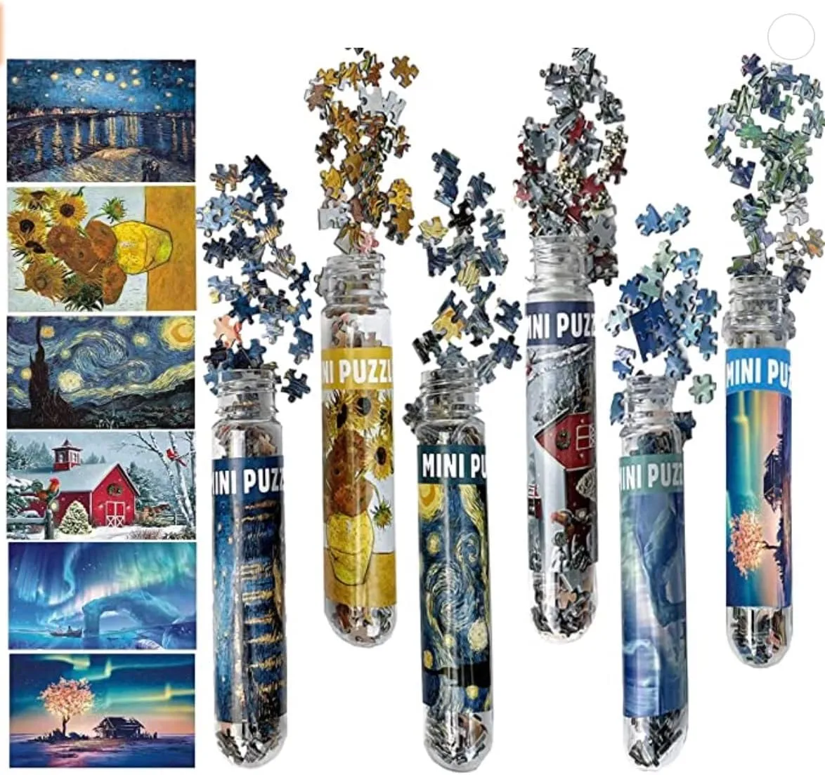 6 Pack Mini Jigsaw Puzzles 150 Pieces for Adults Challenging Starry Night,Rhone River,Sunflower,FantasyTree,ChristmasNight,Northern Lights 6 x 4 Inches