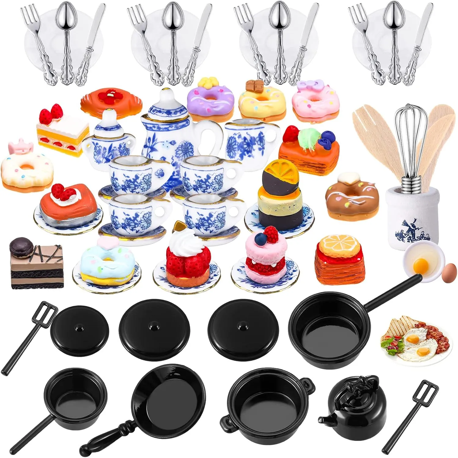 62 Pcs 1 to 12 Miniature Dollhouse Kitchen Accessories Miniature Tea Cup Pots Resin Cake Set Include 16 Mini Plates Knife Fork Spoon 6 Egg Beater Utensil 10 Mini Stovetop Cookware 15 Pretend Cake Food
