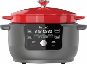 6-Quart 1500W Electric Dutch Oven with Recipe Book - Braise, Slow Cook, Sear, Warm, Red Enameled Cast Iron