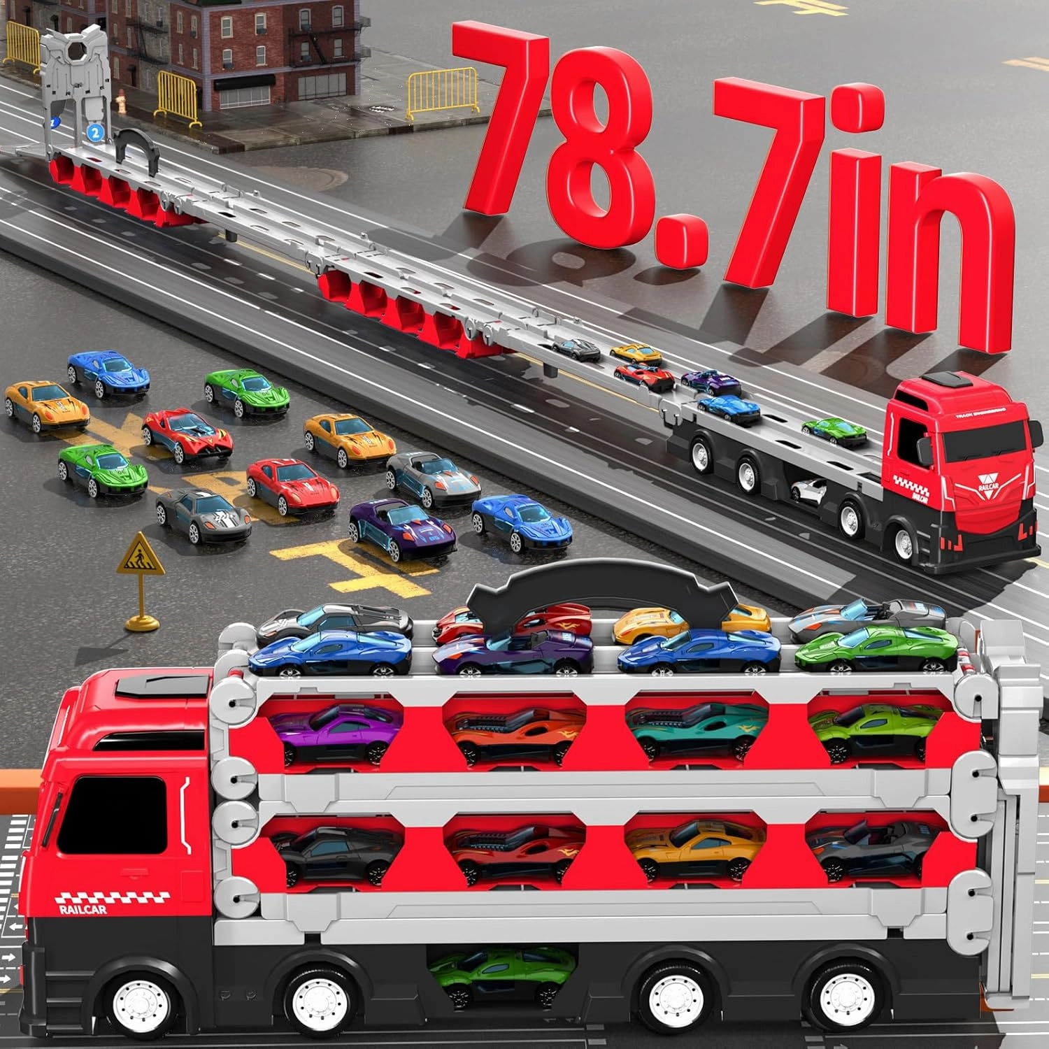 78-Inch Cars Trucks Toys for Toddler 1-3 2-4 3-5 4-7 Years Old Boys Kids, Transport Truck Toys with 24 Pcs Die-Cast Cars, Toys Gifts for 3 4 5 6 Year Old Boys, Toddler Boy Toys Ages 3-5 4-7