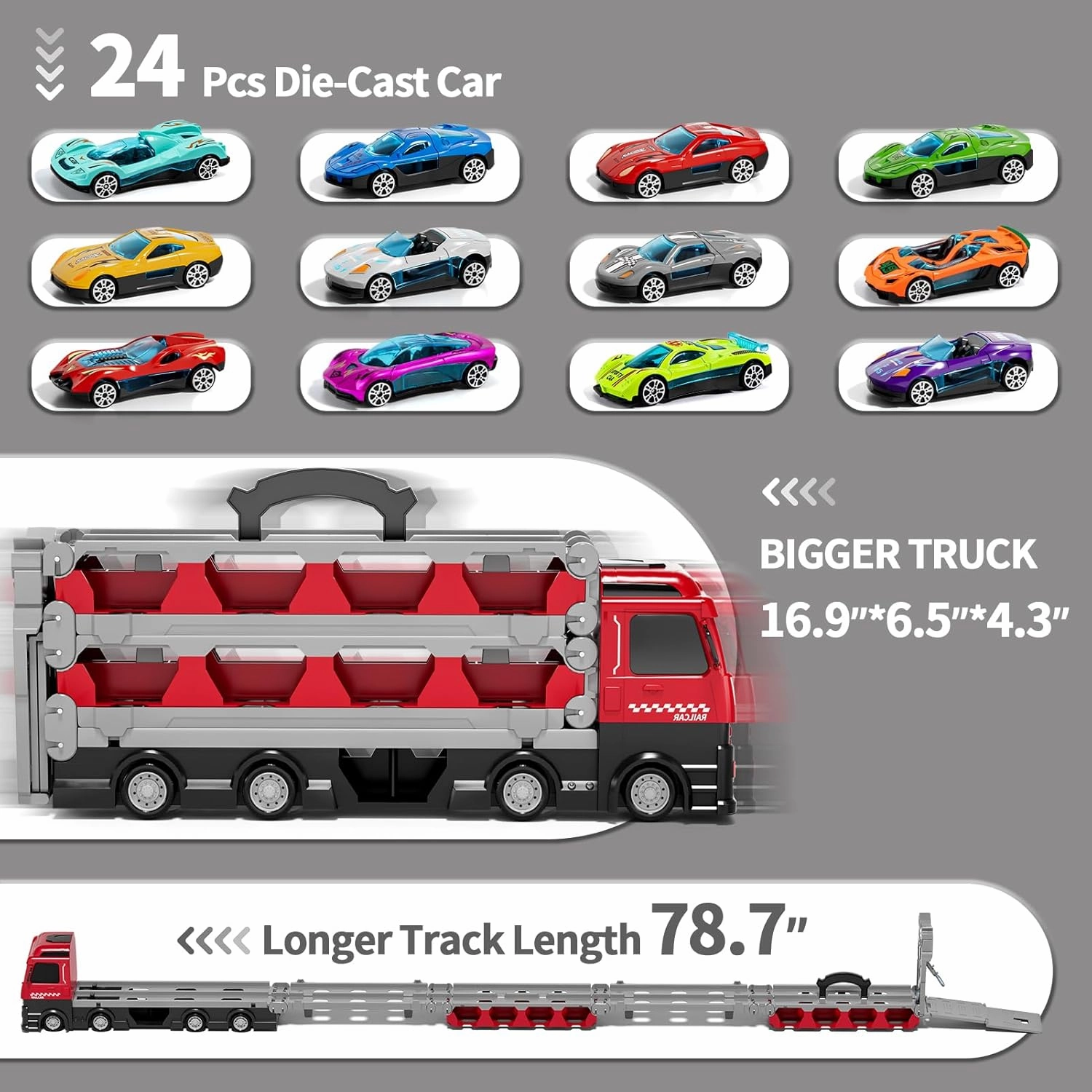 78-Inch Cars Trucks Toys for Toddler 1-3 2-4 3-5 4-7 Years Old Boys Kids, Transport Truck Toys with 24 Pcs Die-Cast Cars, Toys Gifts for 3 4 5 6 Year Old Boys, Toddler Boy Toys Ages 3-5 4-7