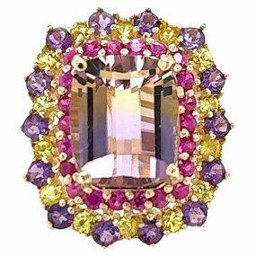 7.88 Carat Ametrine Sapphire Diamond Yellow Gold Cocktail Ring