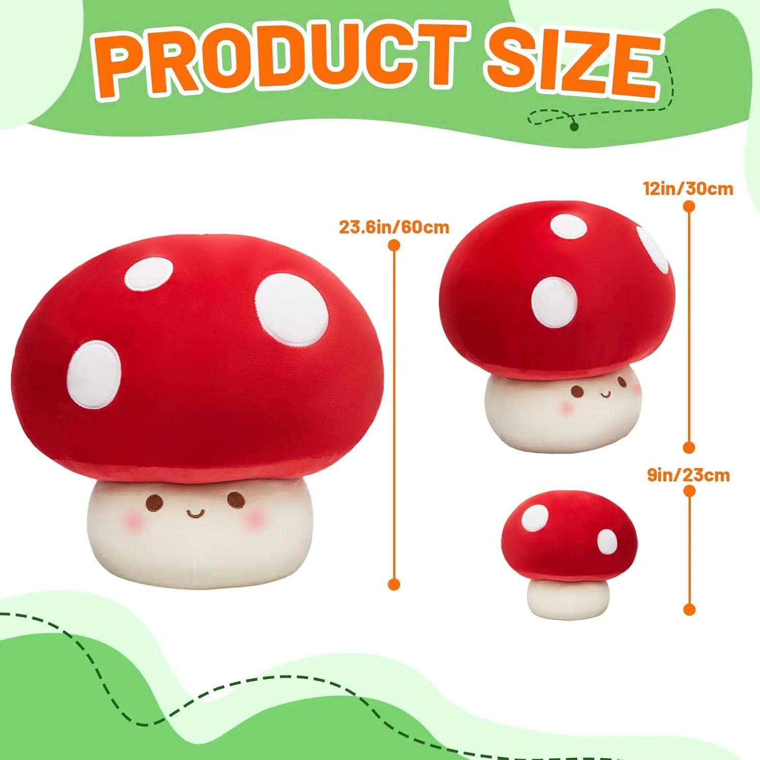 9/12/23.6-Inch Mushroom Pillow Plush- Cute Mushroom Stuffed Animal Plush Toy Decorative Throw Pillows for Home Car Halloween Birthday Gift for Kids Adults