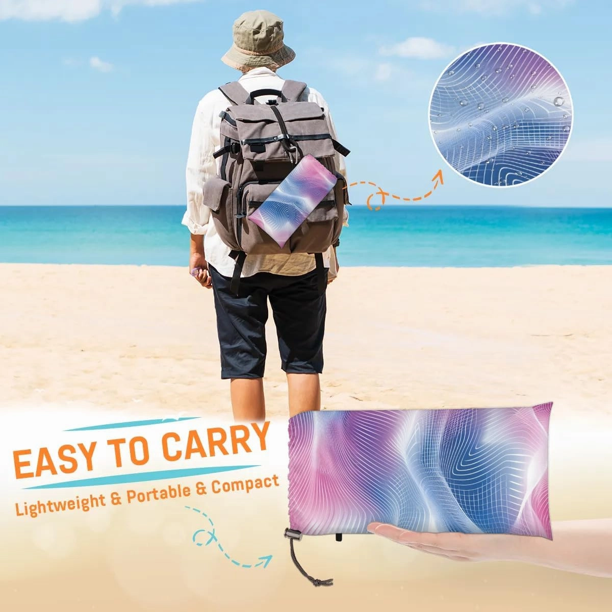 Abstract Wavy Swirl Beach Blanket, Sandproof Beach Mat, 68 x 59 Waterproof Quick Drying Sand Free Mat with 4 x Ground Spikes for Outdoor Travel Camping Hiking, Modern