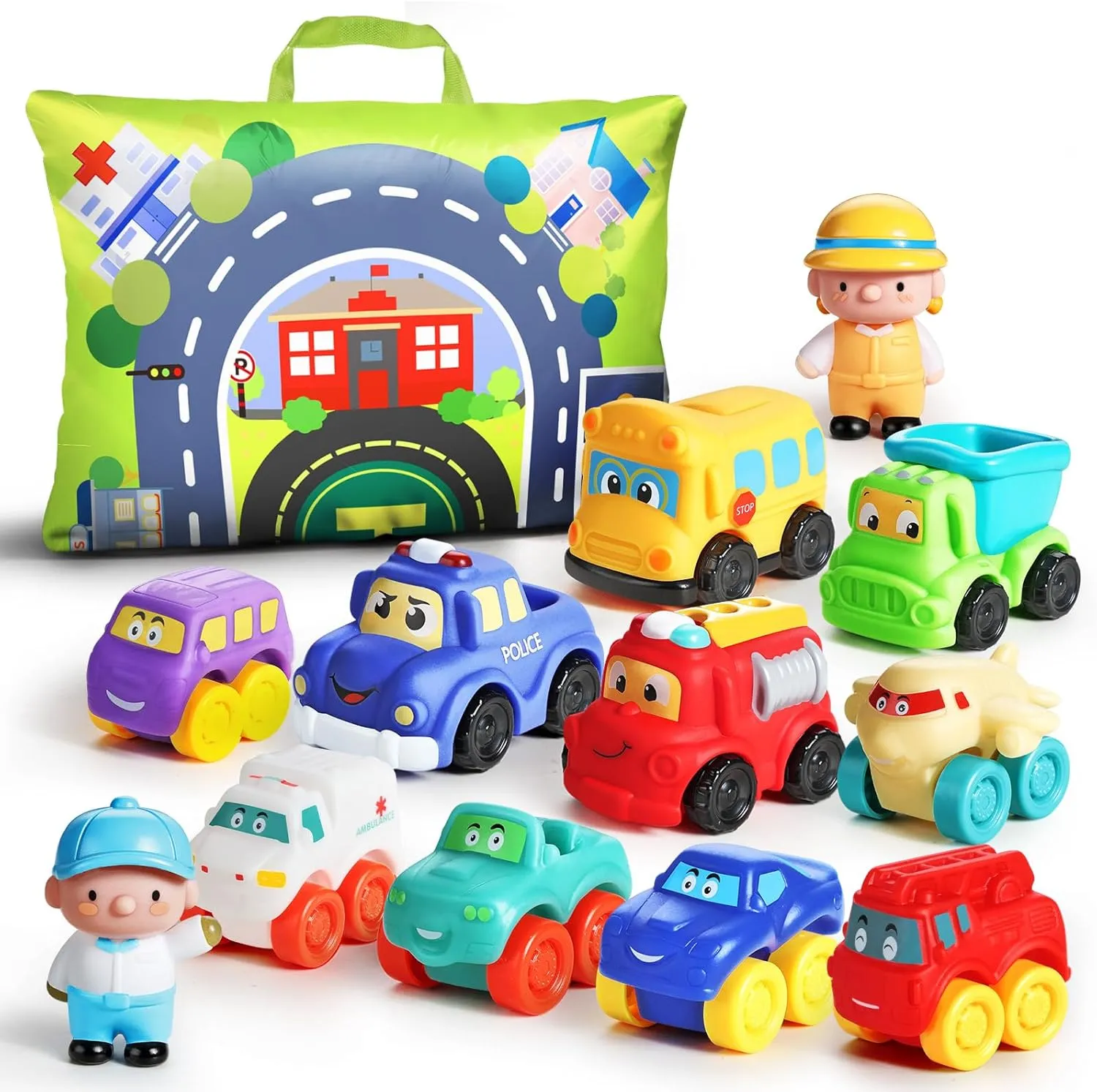 ALASOU 12 PCS Soft Rubber Car Toys for 1 Year Old Boy with Playmat/Storage Bag|1 Year Old Boy Gifts|1st Birthday Gifts for Toddler Toys Age 1-2|Baby Toys 12-18 Months