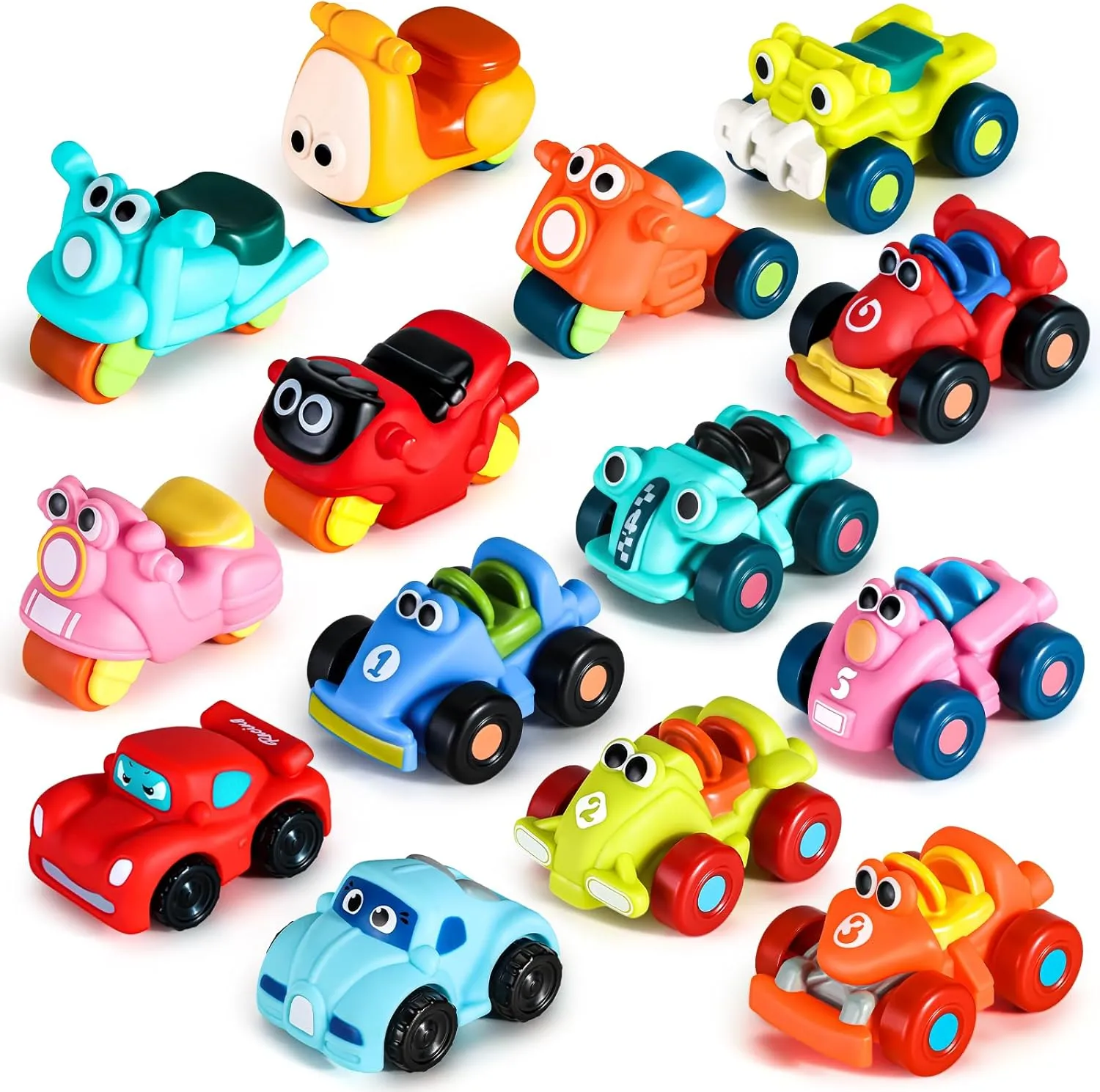 ALASOU 14 PCS Soft Rubber Cartoon Car Toy Set for Boys and Girls |Bath Toys for 1 Year Old Boy Gifts|Pool Cars for Toddlers 1-3|Birthday Party for Baby Kid Age 1 2 3