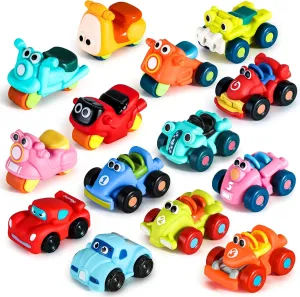 ALASOU 14 PCS Soft Rubber Cartoon Car Toy Set for Boys and Girls |Bath Toys for 1 Year Old Boy Gifts|Pool Cars for Toddlers 1-3|Birthday Party for Baby Kid Age 1 2 3
