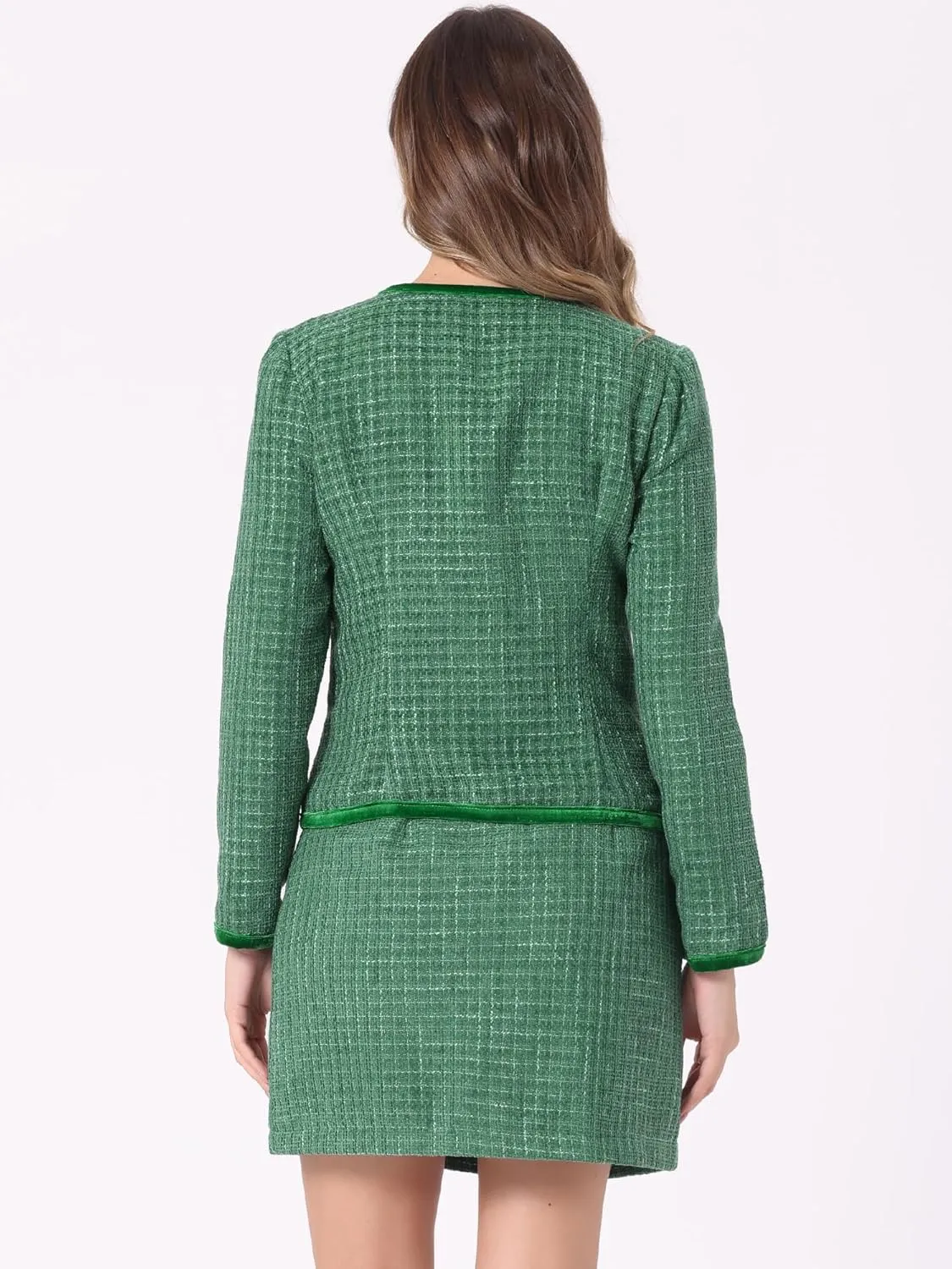 Allegra K Business Suit Set for Women's 2 Piece Outfits Plaid Tweed Easter Short Blazer Jacket and Skirt Sets