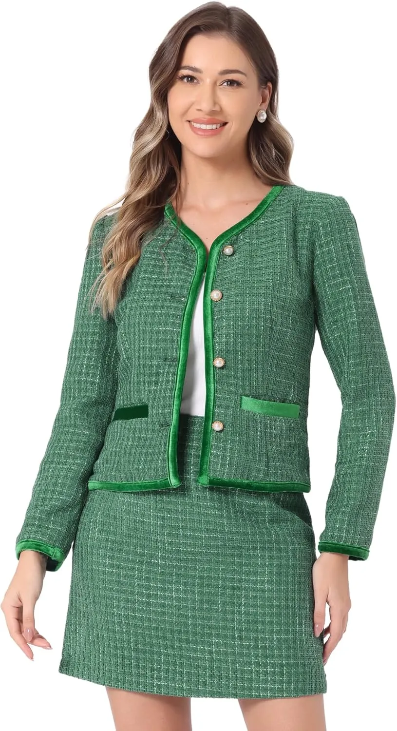 Allegra K Business Suit Set for Women's 2 Piece Outfits Plaid Tweed Easter Short Blazer Jacket and Skirt Sets