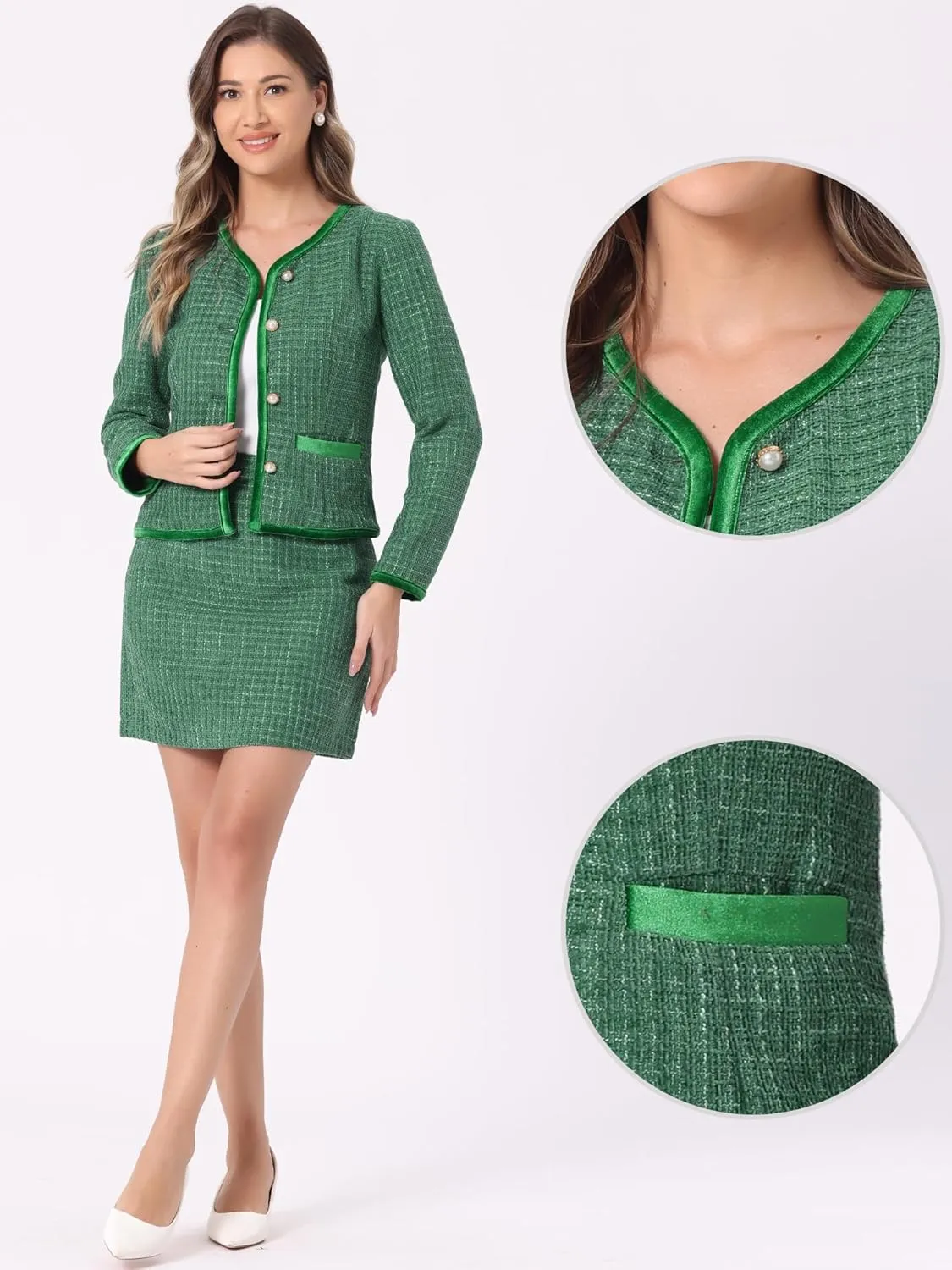Allegra K Business Suit Set for Women's 2 Piece Outfits Plaid Tweed Easter Short Blazer Jacket and Skirt Sets