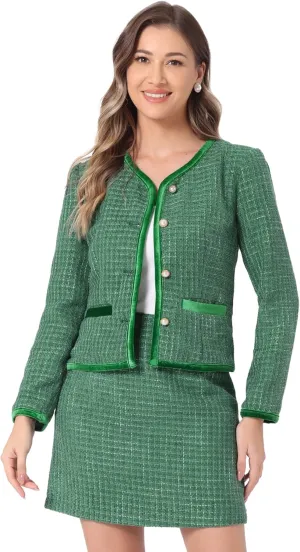 Allegra K Business Suit Set for Women's 2 Piece Outfits Plaid Tweed Easter Short Blazer Jacket and Skirt Sets