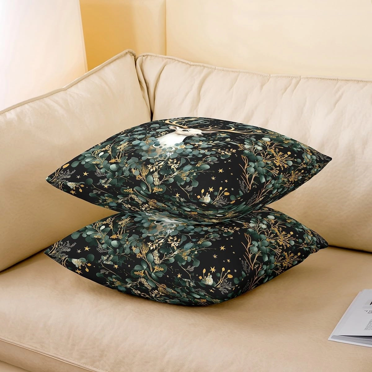 Antlers Pillow Cover Watercolor Green Botanical Leaves Cushion Cover for Kids Teens Adults Cute Jungle Wild Animal Rustic Style Cushion Case for Housewarming Couch 18x18 Inch
