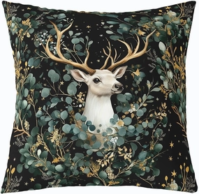Antlers Pillow Cover Watercolor Green Botanical Leaves Cushion Cover for Kids Teens Adults Cute Jungle Wild Animal Rustic Style Cushion Case for Housewarming Couch 18x18 Inch