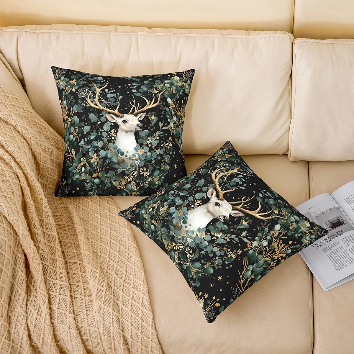 Antlers Pillow Cover Watercolor Green Botanical Leaves Cushion Cover for Kids Teens Adults Cute Jungle Wild Animal Rustic Style Cushion Case for Housewarming Couch 18x18 Inch