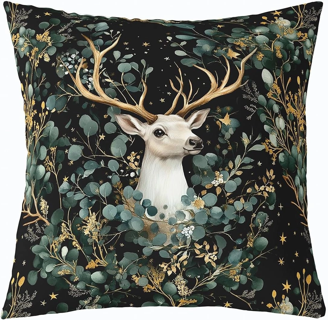 Antlers Pillow Cover Watercolor Green Botanical Leaves Cushion Cover for Kids Teens Adults Cute Jungle Wild Animal Rustic Style Cushion Case for Housewarming Couch 18x18 Inch