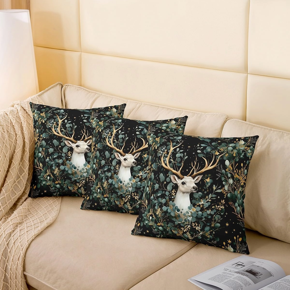 Antlers Pillow Cover Watercolor Green Botanical Leaves Cushion Cover for Kids Teens Adults Cute Jungle Wild Animal Rustic Style Cushion Case for Housewarming Couch 18x18 Inch