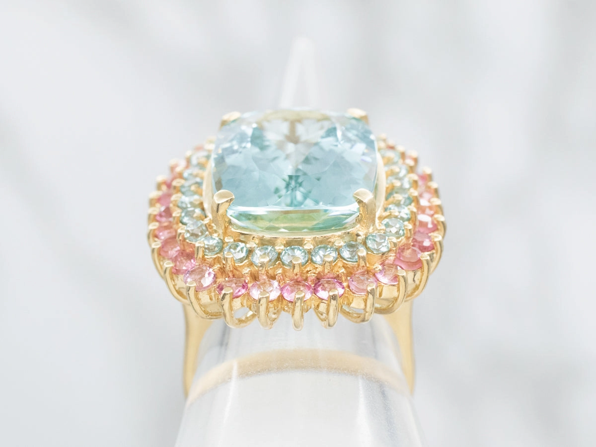 Aquamarine Cocktail Ring with Blue Topaz and Pink Tourmaline Double Halo