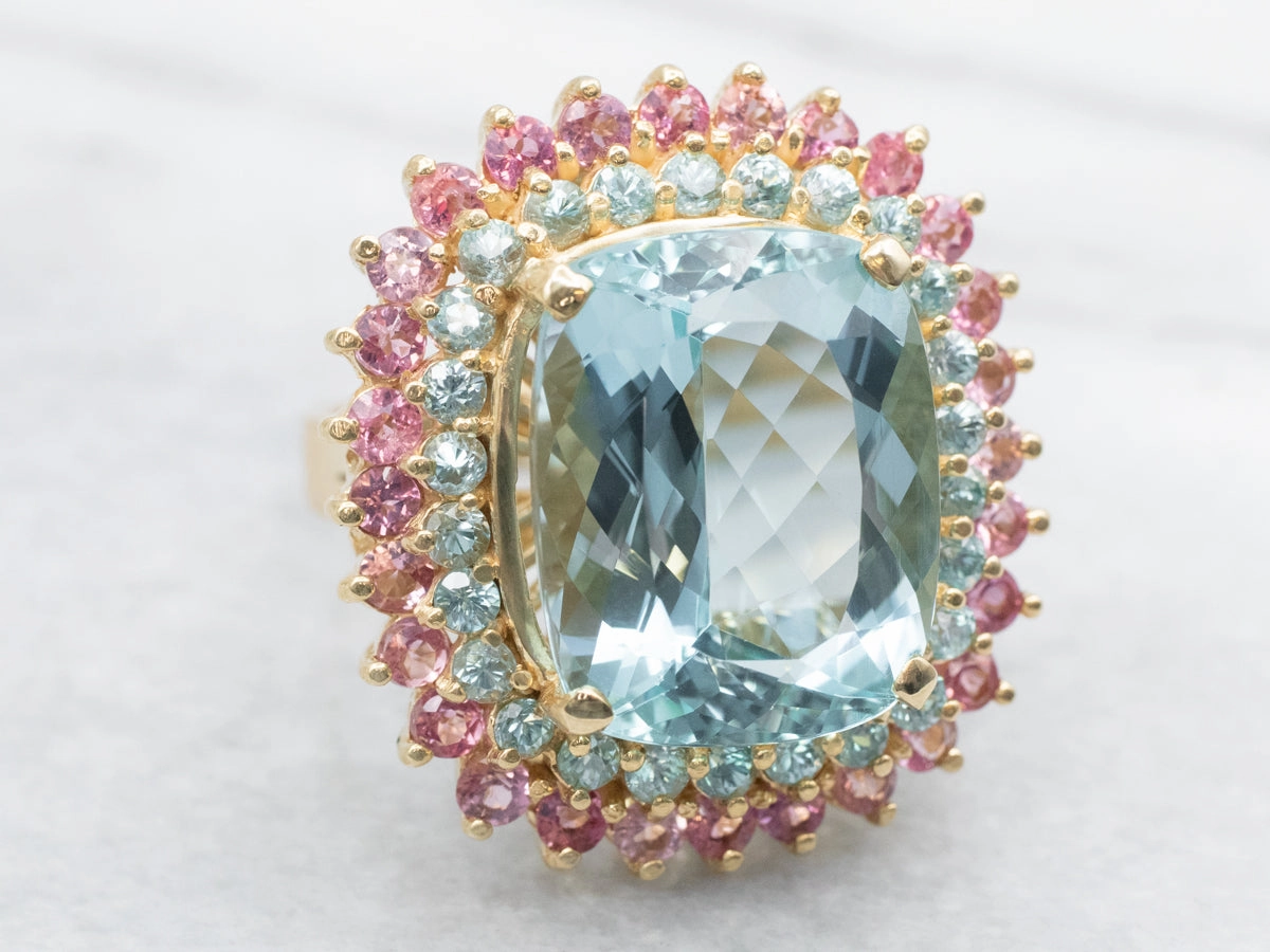 Aquamarine Cocktail Ring with Blue Topaz and Pink Tourmaline Double Halo