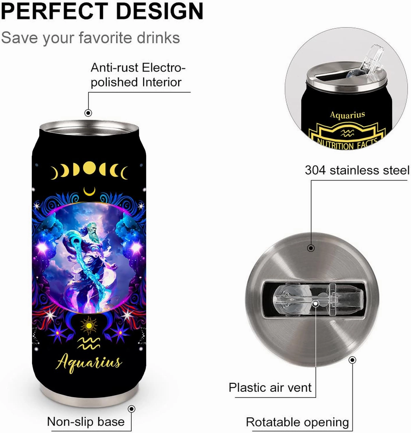 Aquarius Constellation Tumbler - Zodiac Stainless Steel Cup for Men Women - Astrology Fans Birthday Gift With Straw Lid - 17 Oz Coffee Mug Car Cup