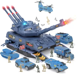 Army Toys - 6 Pcs Alloy Mini Vehicles & 8 Army Men, Military Tank Toys with Light & Sounds, Missiles, Gift for Boys 3-6 Years (Blue)