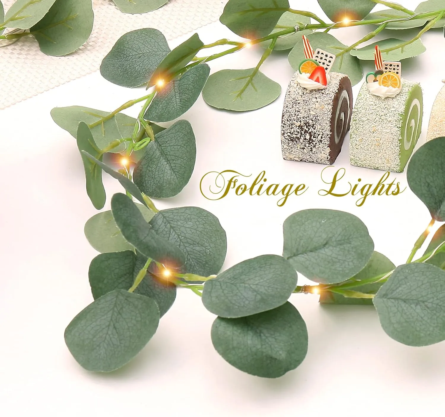 Artificial Eucalyptus Leaves Foliage Light Strings, 6.6Ft 20 LED Fairy Leaf Lights Warm White Greenery Vines Garland and Table Runner, 6hrs Timer Battery Operated Wedding Backdrop Wall Decor