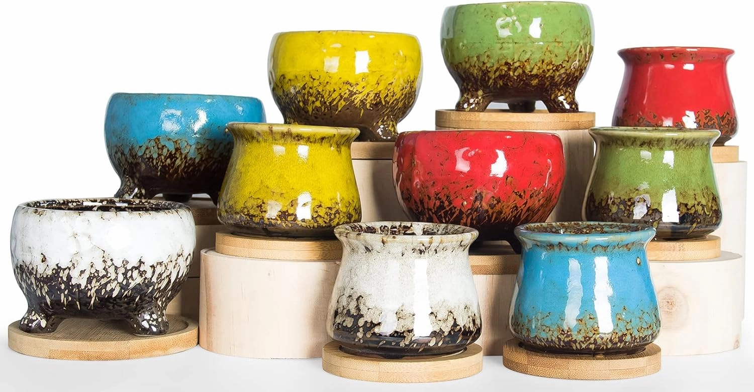 ARTKETTY Succulent Pots - Small Succulent Plant Pot with Drainage Trays Ceramic Flower Pots for Indoor Cactus Plants Set of 10
