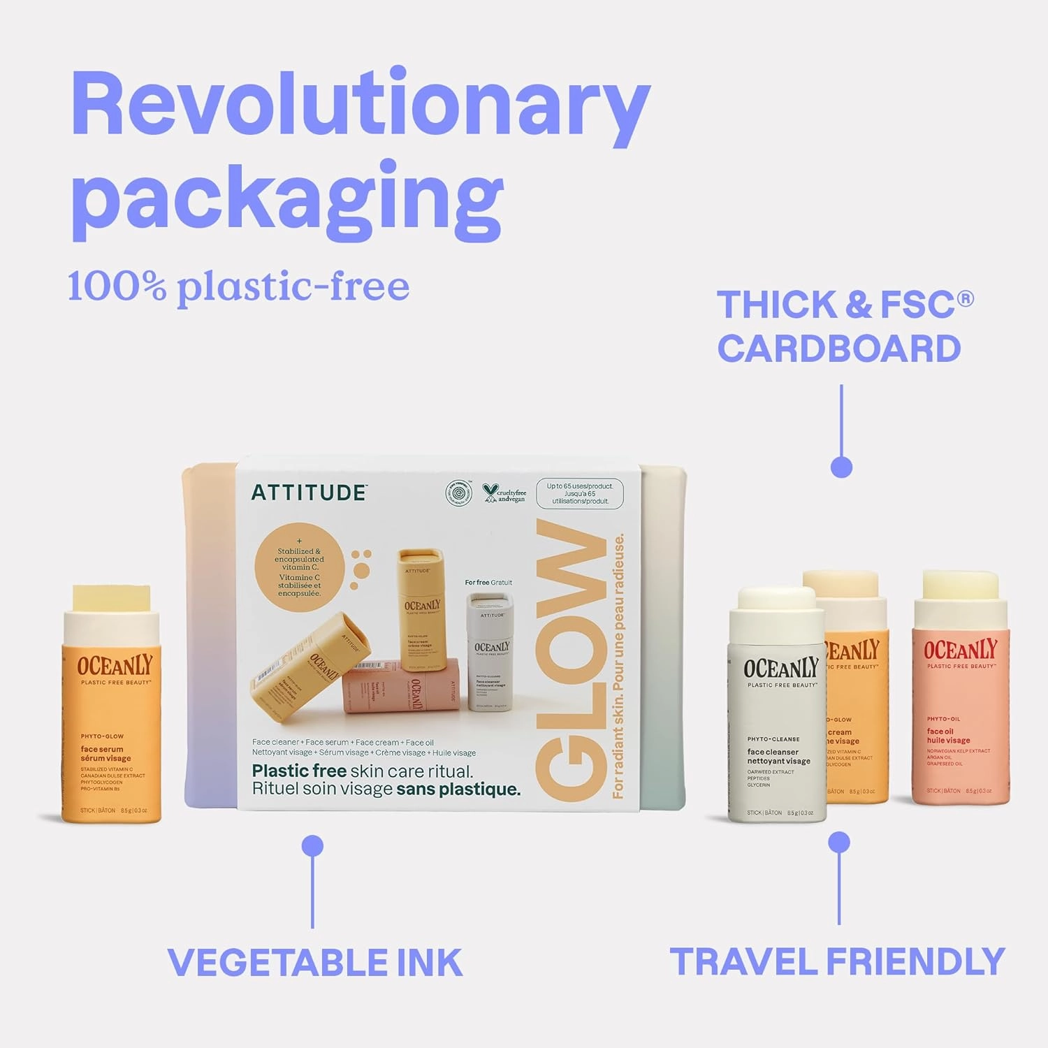 ATTITUDE Oceanly Glow Trio Skincare Box Set, EWG Verified, Plastic-free, Plant and Mineral-Based, Vegan, PHYTO GLOW, Set of 3 Travel Size Sticks