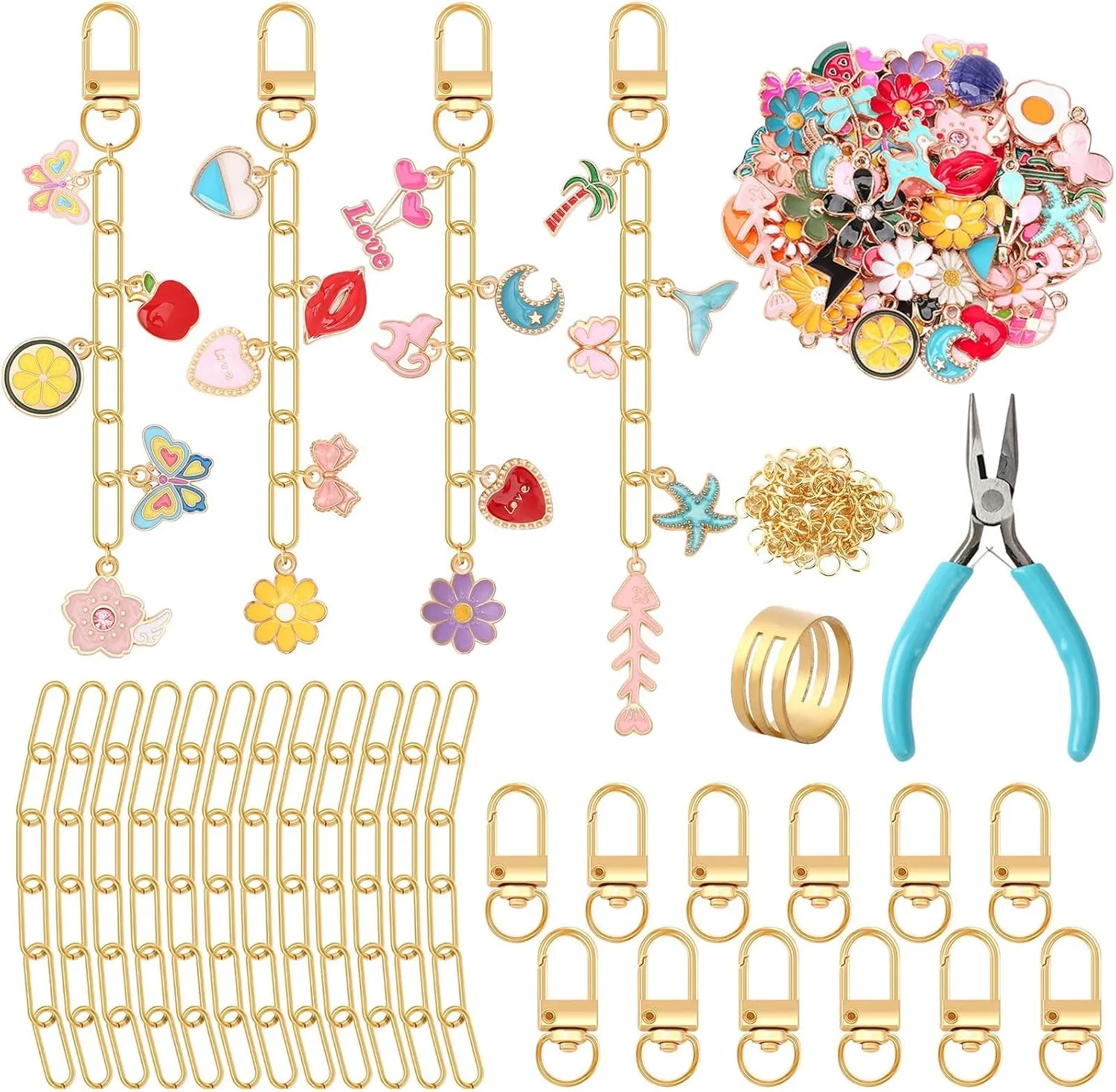AUGSUN 189Pcs Keychain Making Kit, Charm Jewelry Chain Making Crafts Including 60 Charms 12 Keychain Clips Hooks 15 Extender Chains 100 Jump Ring and Jewelry Plier for Crafts Accessories