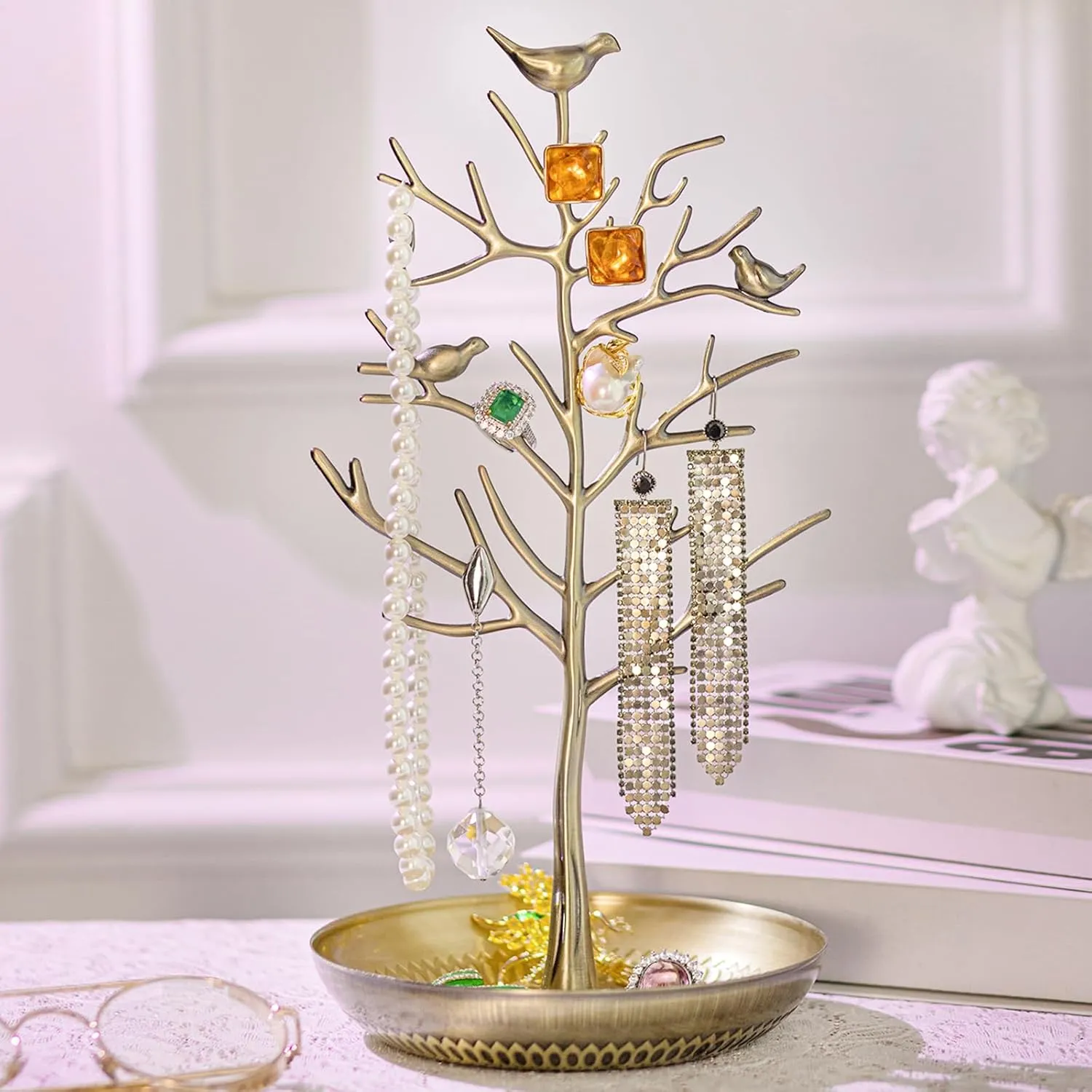 AUTODECO Set of 1 Retro Jewelry Organizer for Necklaces and Earrings Ring Tree Holder Display Jewelry Tower Tree Great for Women Antique Cyan