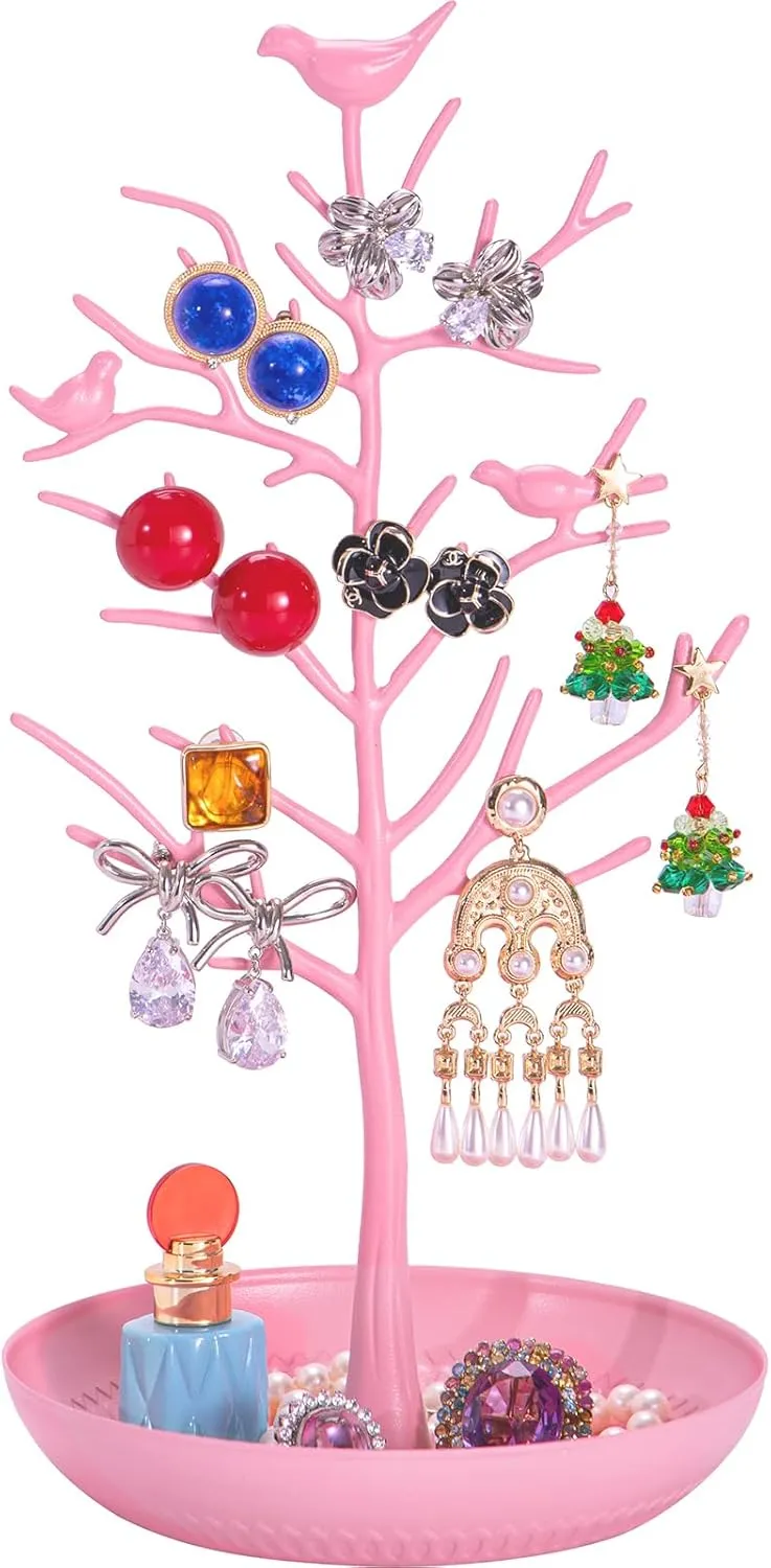AUTODECO Set of 1 Retro Jewelry Tree Organizer for Necklaces and Earrings Ring Holder Display Jewelry Tower Tree Great for Women Pink