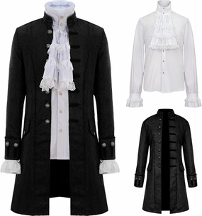 AwwwCos Men Steampunk Coat Colonial Jacket White Shirt Full Set Vintage Medieval Victorian Costume Tailcoat Suit