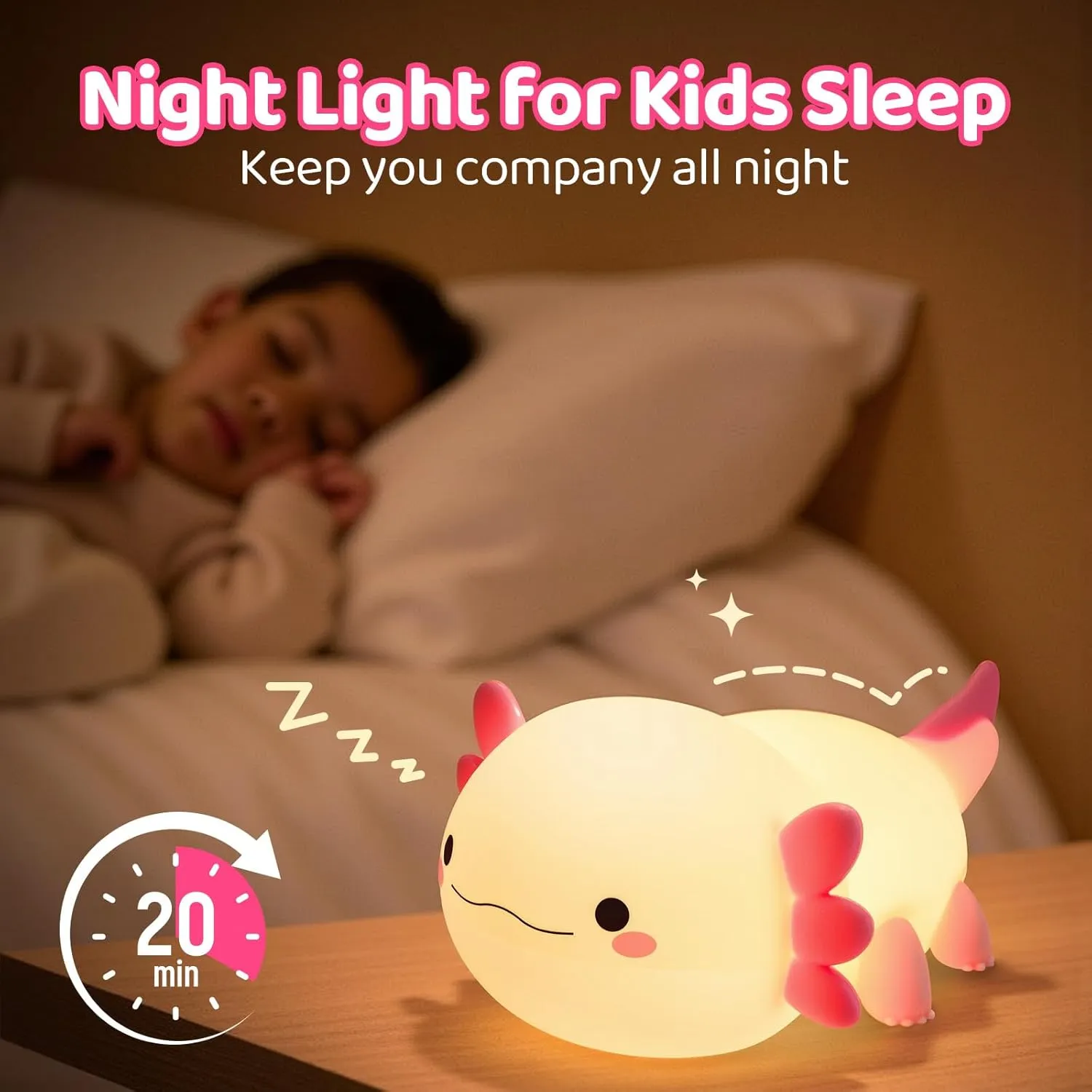 Axolotl Night Light for Kids, Nursery Axolotl Lamp Gifts for Women, Girls,Baby Night Light, Dimmable Silicone Cute Table LED Rechargeable Lamp for Toddler Room Decor