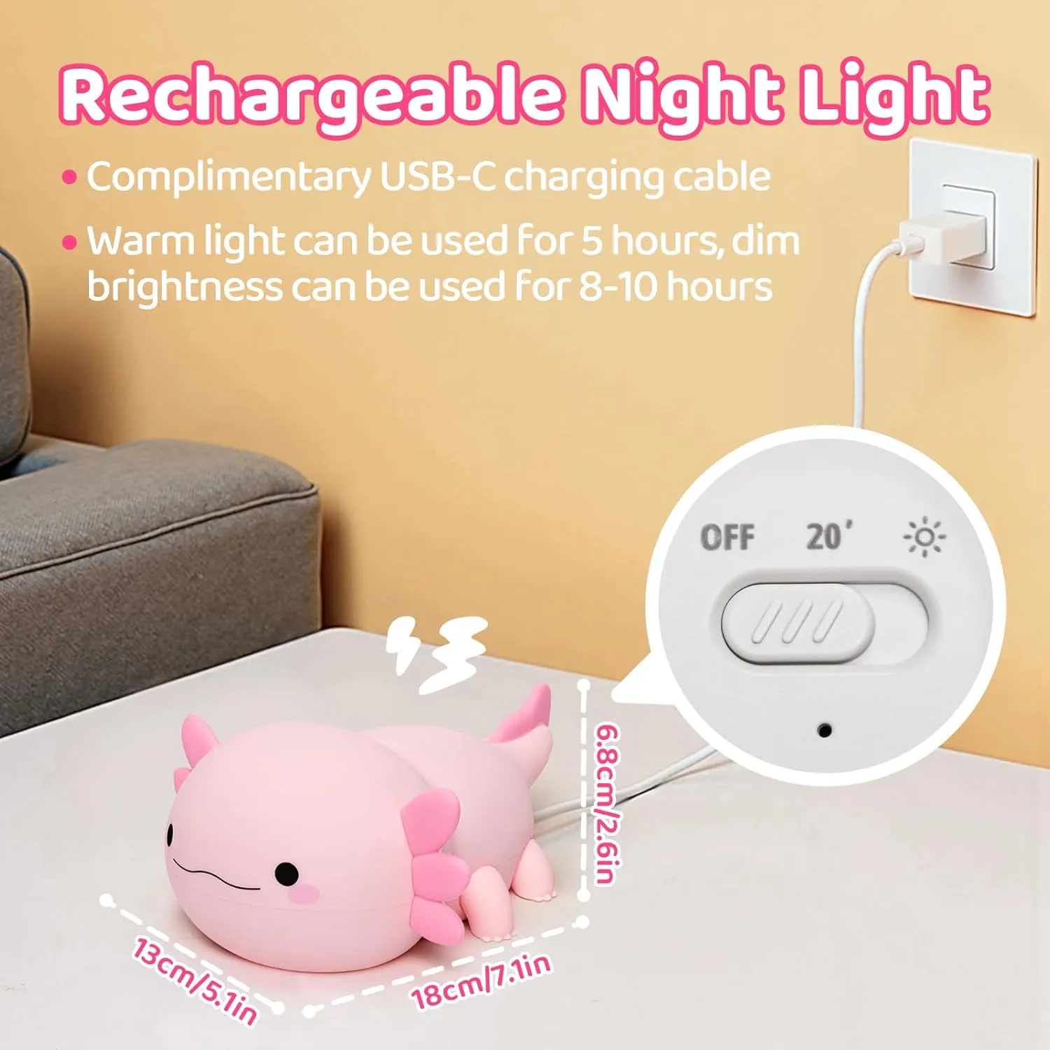 Axolotl Night Light for Kids, Nursery Axolotl Lamp Gifts for Women, Girls,Baby Night Light, Dimmable Silicone Cute Table LED Rechargeable Lamp for Toddler Room Decor