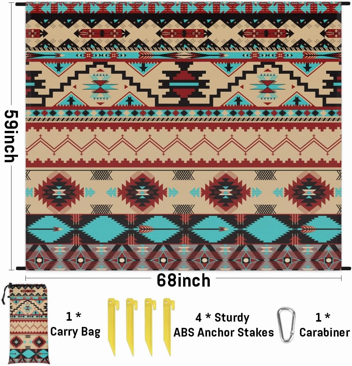 Aztec Beach Blanket, Sandproof Beach Mat, 68 x 59 Waterproof Quick Drying Sand Free Mat with 4 x Ground Spikes for Outdoor Travel Camping Hiking, Aztec