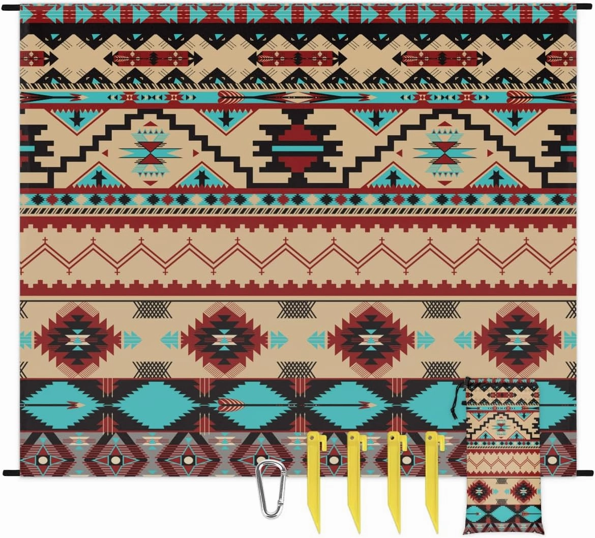 Aztec Beach Blanket, Sandproof Beach Mat, 68 x 59 Waterproof Quick Drying Sand Free Mat with 4 x Ground Spikes for Outdoor Travel Camping Hiking, Aztec