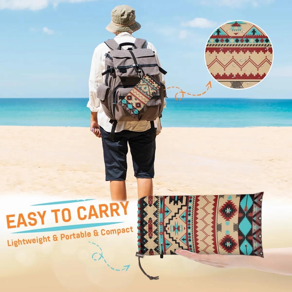 Aztec Beach Blanket, Sandproof Beach Mat, 68 x 59 Waterproof Quick Drying Sand Free Mat with 4 x Ground Spikes for Outdoor Travel Camping Hiking, Aztec