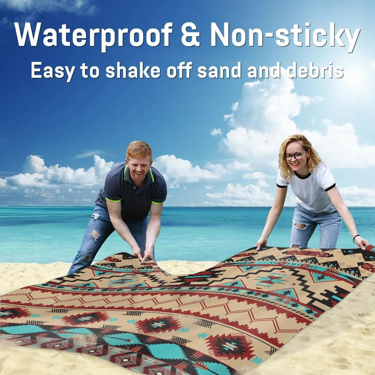 Aztec Beach Blanket, Sandproof Beach Mat, 68 x 59 Waterproof Quick Drying Sand Free Mat with 4 x Ground Spikes for Outdoor Travel Camping Hiking, Aztec