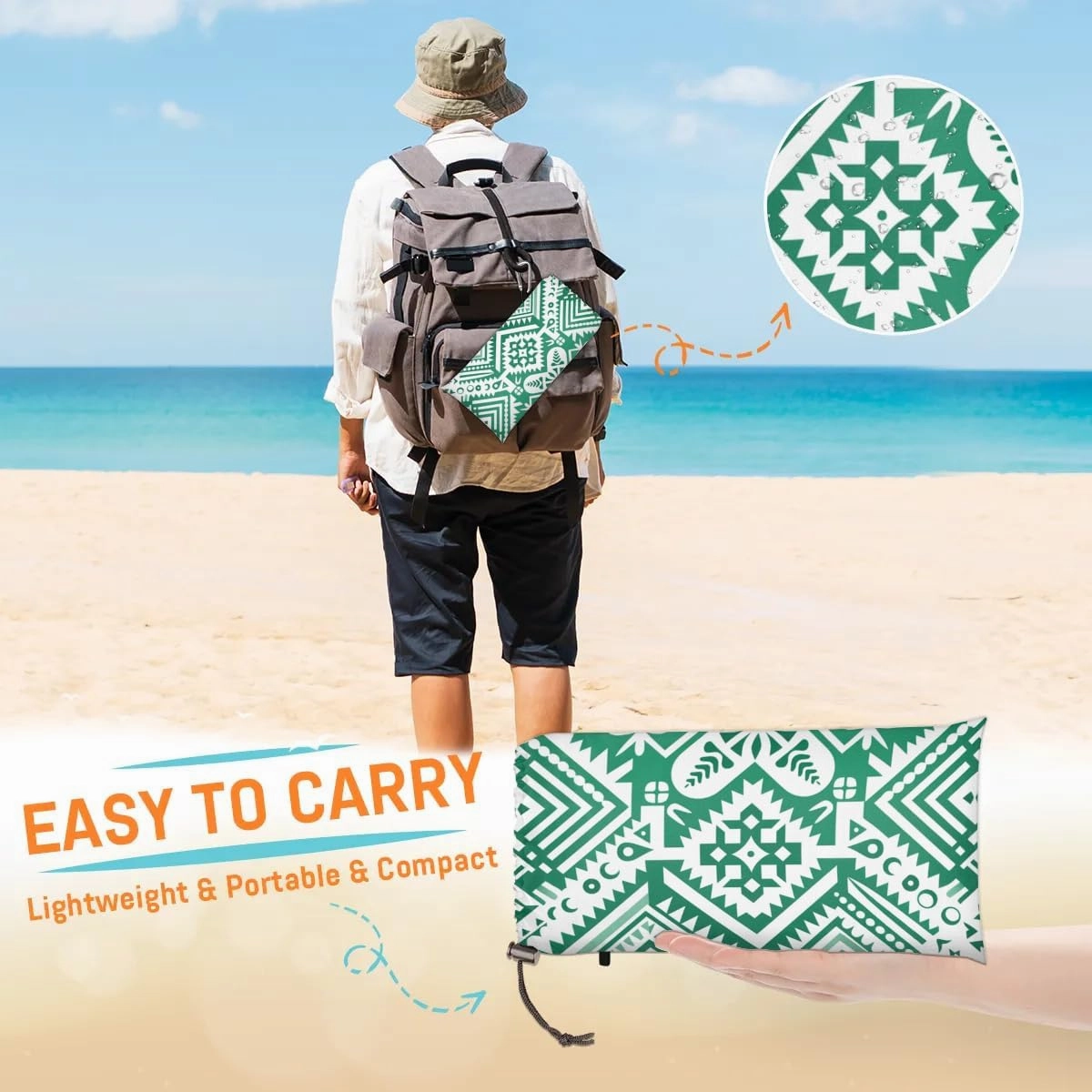 Aztec Southwest Beach Blanket, Sandproof Beach Mat, 68 x 59 Waterproof Quick Drying Sand Free Mat with 4 x Ground Spikes for Outdoor Travel Camping Hiking, Aztec Print